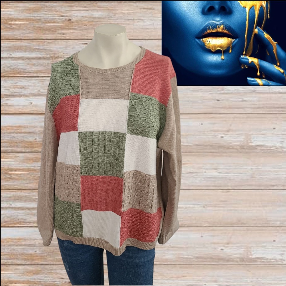 Alfred Dunner Cottage Core Patchwork Crew Knit Sweater‎ Multicolor Sz L